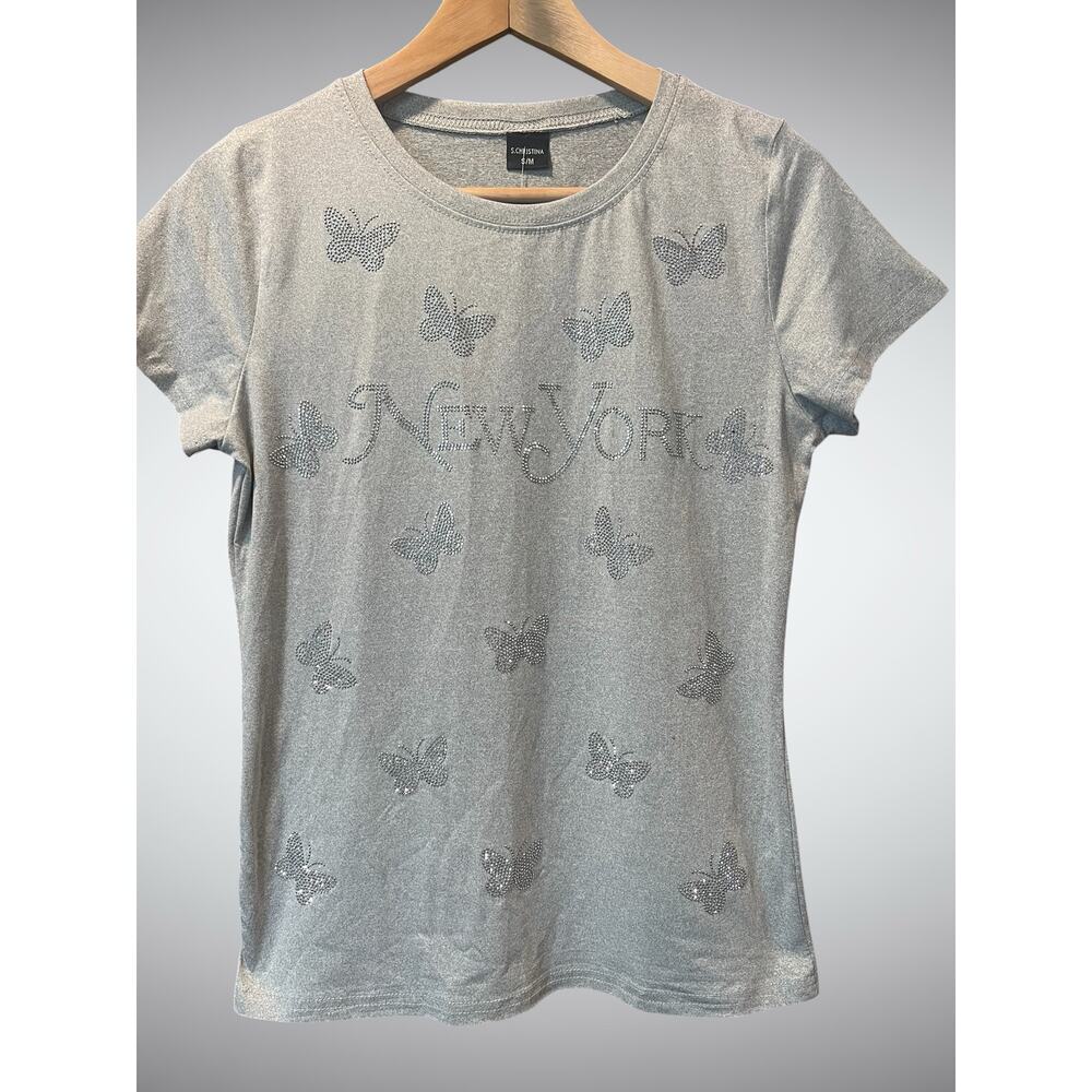 Y2K New York Butterfly Rhinestone Baby Tee Top Gray Size  S/M